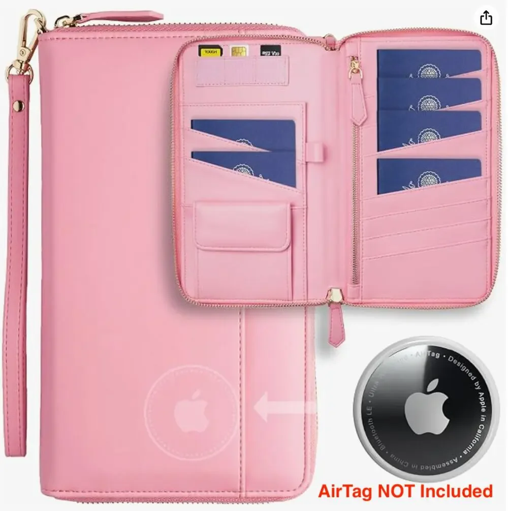 RFID Family Passport Wallet Case Travel Document Organizer, Id Wristlet- Pink